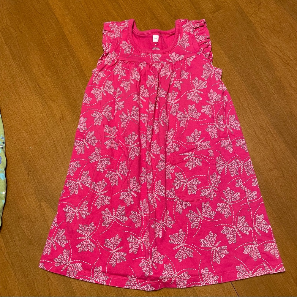 Tea Collection Girls' 4 Pink Butterfly Print Sleeveless Dress Ruffles Pocket